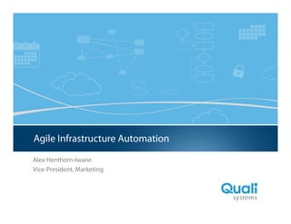 Slide Header…

Agile Infrastructure Automation
Alex Henthorn-Iwane
Vice-President, Marketing
Thursday, February 27, 2014

QualiSystems Proprietary & Confidential

 