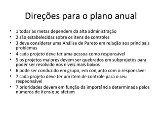 Direções para o plano anual
• 1 todas as metas dependem da alta administração
• 2 são estabelecidas sobre os itens de controles
• 3 deve considerar uma Análise de Pareto em relação aos principais
problemas
• 4 cada projeto deve ter uma pessoa como responsável
• 5 os projetos maiores devem ser quebrados em subprojetos para
poder ser resolvido nos níveis mais baixos
• 6 pode ser conduzido em grupo, em conjunto com o responsável
• 7 cada projeto deve ter um item de controle para o seu
respeonsável
• 7 prioridades devem em função da importância determinada pelos
números de itens que afetam
 