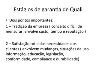 Estágios	
  de	
  garan/a	
  de	
  Quali	
  
•  Dois	
  pontos	
  importantes:	
  
1	
  –	
  Tradição	
  da	
  empresa	
  (	
  conceito	
  diZcil	
  de	
  
mensurar,	
  envolve	
  custo,	
  tempo	
  e	
  reputação	
  )	
  
	
  
2	
  –	
  Sa/sfação	
  total	
  das	
  necessidades	
  dos	
  
clientes	
  (	
  envolvem	
  mudanças,	
  situações	
  de	
  uso,	
  
informação,	
  educação,	
  legislação,	
  
conformidade,	
  compliance	
  e	
  durabilidade)	
  
 