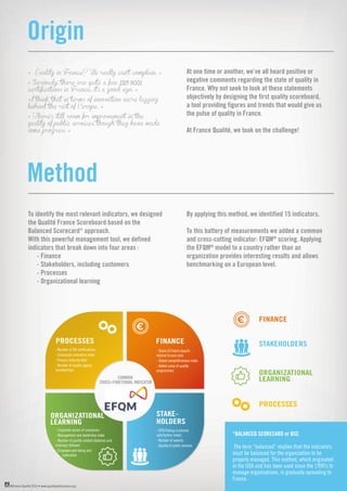 ©France Qualité 2016 • www.qualiteperformance.org
Origin
Method
At one time or another, we’ve all heard positive or
negative comments regarding the state of quality in
France. Why not seek to look at these statements
objectively by designing the first quality scoreboard,
a tool providing figures and trends that would give us
the pulse of quality in France.
At France Qualité, we took on the challenge!
To identify the most relevant indicators, we designed
the Qualité France Scoreboard based on the
Balanced Scorecard* approach.
With this powerful management tool, we defined
indicators that break down into four areas :
- Finance
- Stakeholders, including customers
- Processes
- Organizational learning
By applying this method, we identified 15 indicators.
To this battery of measurements we added a common
and cross-cutting indicator: EFQM®
scoring. Applying
the EFQM®
model to a country rather than an
organization provides interesting results and allows
benchmarking on a European level.
- Share of French exports
relative to euro zone
- Global competitiveness index
- Added value of quality
programmes
- EPSI Rating (customer
satisfaction index)
- Number of awards
- Quality of public services
FINANCE
STAKE-
HOLDERS
- Number of ISO certifications
- Composite innovation index
- Process maturity level
- Number of quality agency
memberships
PROCESSES
COMMON
CROSS-FUNCTIONAL INDICATOR
FINANCE
STAKEHOLDERS
PROCESSES
ORGANIZATIONAL
LEARNING
*BALANCED SCORECARD or BSC
The term “balanced” implies that the indicators
must be balanced for the organization to be
properly managed. This method, which originated
in the USA and has been used since the 1990’s to
manage organizations, is gradually spreading to
France.
ORGANIZATIONAL
LEARNING
- Corporate values of companies
- Management and leadership index
- Number of quality-related diplomas and
trainings followed
- Employee well-being and
motivation
« Quality in France? We really can’t complain. »
« Seriously, there are quite a few ISO 9001
certifications in France, it’s a good sign. »
«I think that in terms of innovation we’re lagging
behind the rest of Europe. »
« There’s still room for improvement in the
quality of public services, though they have made
some progress. »
 