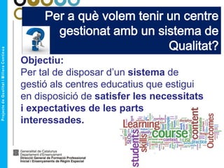 Per a què volem tenir un centre
gestionat amb un sistema de
Qualitat?
Objectiu:
Per tal de disposar d’un sistema de
gestió als centres educatius que estigui
en disposició de satisfer les necessitats
i expectatives de les parts
interessades.
 