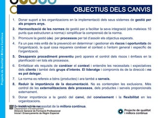 1. Donar suport a les organitzacions en la implementació dels seus sistemes de gestió per
als propers anys.
2. Harmonització de les normes de gestió per a facilitar la seva integració (els mateixos 10
punts que estructuren a norma) i simplificar la comprensió de la norma.
3. Promoure la gestió (de) per processos per tal d’assolir els objectius esperats.
4. Fa un pas més enllà de la prevenció en determinar i gestionar els riscos i oportunitats de
l'organització, la qual cosa requereix conèixer el context o l’entorn general i específic de
l’organització.
5. Desapareix procediment preventiu però apareix el control dels riscos i èmfasis en la
planificació i en tots els processos.
6. Emfatitzar els requisits de conèixer el context i entendre les necessitats i expectatives
dels clients i també dels grups d’interès. El lideratge i compromís és de la direcció i no
es pot delegar.
7. La norma es refereix a béns (productes) i ara també a serveis.
8. Reduir la importància de la documentació. No es contemplen les exclusions. Més
control de les externalitzacions dels processos, dels productes i serveis proporcionats
externament.
9. Donar importància a la gestió del canvi, del coneixement i la flexibilitat en les
organitzacions.
10. Incidir en la necessitat de la millora contínua.
OBJECTIUS DELS CANVIS
 