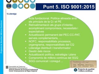 Punt 5. ISO 9001:2015
5.Lideratge
 Acta fundacional. Política alineada amb
els principis de la Q i el PE
 Retroalimentació als grups d’interès;
acompliment compromisos, necessitats i
expectatives
 Actualització permanent del PEC-CC-PAT,
serveis complementaris, ...
 NOFC, responsabilitats processos,
organigrama, responsabilitats del CQ
 Lideratge distribuït i transformador
 Gestió dels riscos
 Actualització política, estratègia i plans
 Compromís de millora contínua del SGQ
 SGQ comunicat i conegut ...
 
