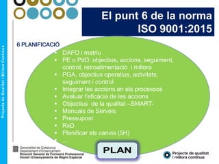 El punt 6 de la norma
ISO 9001:2015
6 PLANIFICACIÓ
 DAFO i matriu
 PE o PdD: objectius, accions, seguiment,
control, retroalimentació i millora
 PGA, objectius operatius, activitats,
seguiment i control
 Integrar les accions en els processos
 Avaluar l’eficàcia de les accions
 Objectius de la qualitat –SMART-
 Manuals de Serveis
 Pressupost
 RxD
 Planificar els canvis (5H)
 ...
 