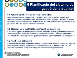 El punt 6 de la norma
ISO 9001:2015
6 PLANIFICACIÓ
 DAFO i matriu
 PE o PdD: objectius, accions, seguiment,
control, ret...