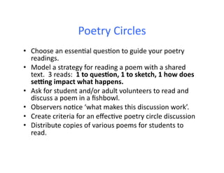 Poetry	
  Circles	
  
•  Choose	
  an	
  essenEal	
  quesEon	
  to	
  guide	
  your	
  poetry	
  
readings.	
  
•  Model	
  a	
  strategy	
  for	
  reading	
  a	
  poem	
  with	
  a	
  shared	
  
text.	
  	
  3	
  reads:	
  	
  1	
  to	
  ques3on,	
  1	
  to	
  sketch,	
  1	
  how	
  does	
  
seKng	
  impact	
  what	
  happens.	
  
•  Ask	
  for	
  student	
  and/or	
  adult	
  volunteers	
  to	
  read	
  and	
  
discuss	
  a	
  poem	
  in	
  a	
  ﬁshbowl.	
  
•  Observers	
  noEce	
  ‘what	
  makes	
  this	
  discussion	
  work’.	
  
•  Create	
  criteria	
  for	
  an	
  eﬀecEve	
  poetry	
  circle	
  discussion	
  
•  Distribute	
  copies	
  of	
  various	
  poems	
  for	
  students	
  to	
  
read.	
  
 