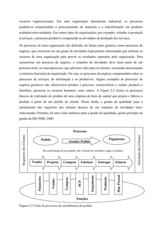 recursos organizacionais. Em uma organização tipicamente industrial, os processos
produtivos compreendem o processamento de materiais e a transformação em produtos
acabados/semi-acabados. Em outros tipos de organizações, por exemplo, voltadas à prestação
d serviços, o processo produtivo compreende as atividades de produção dos serviços.
Os processos de uma organização são definidos de forma mais genérica como processos de
negócio, que consistem em um grupo de atividades logicamente relacionadas que utilizam os
recursos de uma organização para prover os resultados esperados pela organização. Para
caracterizar um processo de negócio, o conjunto de atividades deve fazer parte de um
processo total, ou macroprocesso, que adiciona valor para os clientes, executado atravessando
a estrutura funcional da organização. Ou seja, os processos de negócio compreendem todos os
processos de serviços, de informação e os produtivos. Alguns exemplos de processos de
negócio genéricos são: desenvolver produto e processo, comercializar e vender, produzir e
distribuir, gerenciar os recursos humanos, entre outros. A Figura 2.2 ilustra os processos
básicos de realização do produto de uma empresa de bens de capital que projeta e fabrica o
produto a partir de um pedido do cliente. Desse modo, a gestão da qualidade para o
atendimento dos requisitos dos clientes decorre de um conjunto de atividades inter-
relacionadas. Portanto, há uma visão sistêmica para a gestão da qualidade, quinto princípio de
gestão da ISO 9000: 2000.
Figura 2.2 Visão do processo de atendimento de pedido
RequisitosdosClientes
SatisfaçãodosClientesPedido Pagamento
Atender Pedido
Processos
Da confirmação de um pedido, até o cliente ter recebido e pago o produto
Vender Projetar Comprar Fabricar Entregar Faturar
Funções
Financeiro
Vendas
Compras
PCP
Engenharia
Produção
Dep.Pessoal
 