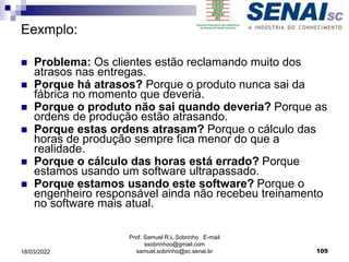 Eexmplo:
 Problema: Os clientes estão reclamando muito dos
atrasos nas entregas.
 Porque há atrasos? Porque o produto nunca sai da
fábrica no momento que deveria.
 Porque o produto não sai quando deveria? Porque as
ordens de produção estão atrasando.
 Porque estas ordens atrasam? Porque o cálculo das
horas de produção sempre fica menor do que a
realidade.
 Porque o cálculo das horas está errado? Porque
estamos usando um software ultrapassado.
 Porque estamos usando este software? Porque o
engenheiro responsável ainda não recebeu treinamento
no software mais atual.
Prof. Samuel R.L.Sobrinho E-mail
ssobrinhoo@gmail.com
samuel.sobrinho@sc.senai.br 105
18/03/2022
 