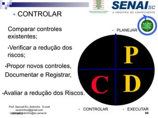 Comparar controles
existentes;
P
D
•Verificar a redução dos
riscos;
•Propor novos controles,
Documentar e Registrar,
C
•Avaliar a redução dos Riscos.
Prof. Samuel R.L.Sobrinho E-mail
ssobrinhoo@gmail.com
samuel.sobrinho@sc.senai.br
 CONTROLAR  EXECUTAR
 PLANEJAR
 CONTROLAR
25
18/03/2022
 