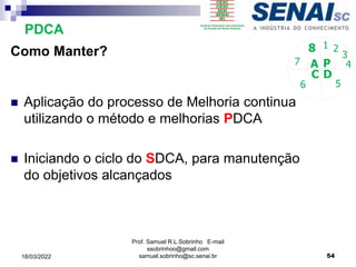 Como Manter?
 Aplicação do processo de Melhoria continua
utilizando o método e melhorias PDCA
 Iniciando o ciclo do SDCA, para manutenção
do objetivos alcançados
P
D
C
A 4
5
6
7
8 1 2
3
PDCA
Prof. Samuel R.L.Sobrinho E-mail
ssobrinhoo@gmail.com
samuel.sobrinho@sc.senai.br 54
18/03/2022
 