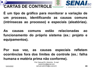 CARTAS DE CONTROLE
É um tipo de gráfico para monitorar a variação de
um processo, identificando as causas comuns
(intrínsecas ao processo) e especiais (aleatórias).
As causas comuns estão relacionadas ao
funcionamento do próprio sistema (ex.: projeto e
equipamentos).
Por sua vez, as causas especiais refletem
ocorrências fora dos limites de controle (ex.: falha
humana e matéria prima não conforme).
Prof. Samuel R.L.Sobrinho E-mail
ssobrinhoo@gmail.com
samuel.sobrinho@sc.senai.br 65
18/03/2022
 