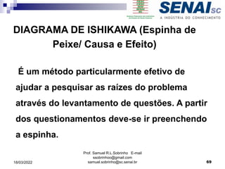 É um método particularmente efetivo de
ajudar a pesquisar as raízes do problema
através do levantamento de questões. A partir
dos questionamentos deve-se ir preenchendo
a espinha.
DIAGRAMA DE ISHIKAWA (Espinha de
Peixe/ Causa e Efeito)
Prof. Samuel R.L.Sobrinho E-mail
ssobrinhoo@gmail.com
samuel.sobrinho@sc.senai.br 69
18/03/2022
 
