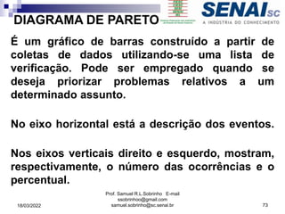 DIAGRAMA DE PARETO
É um gráfico de barras construído a partir de
coletas de dados utilizando-se uma lista de
verificação. Pode ser empregado quando se
deseja priorizar problemas relativos a um
determinado assunto.
No eixo horizontal está a descrição dos eventos.
Nos eixos verticais direito e esquerdo, mostram,
respectivamente, o número das ocorrências e o
percentual.
Prof. Samuel R.L.Sobrinho E-mail
ssobrinhoo@gmail.com
samuel.sobrinho@sc.senai.br 73
18/03/2022
 
