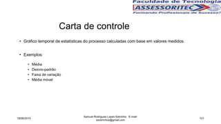 Carta de controle
• Gráfico temporal de estatísticas do processo calculadas com base em valores medidos.
• Exemplos:
• Média
• Desvio-padrão
• Faixa de variação
• Média móvel
18/06/2015
Samuel Rodrigues Lopes Sobrinho E-mail:
ssobrinhoo@gmail.com
101
 