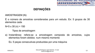 AMOSTRAGEM (N):
É o número de amostras consideradas para um estudo. Ex: 5 grupos de 30
elementos cada
N=5 x 30 (n) = 150
Tipos de amostragem
a) Instantânea: refere-se a amostragem composta de amostras, cujos
elementos foram obtidos num mesmo momento
Ex. 5 peças consecutivas produzidas por uma máquina
18/06/2015
Samuel Rodrigues Lopes Sobrinho E-mail:
ssobrinhoo@gmail.com
121
DEFINIÇÕES
 