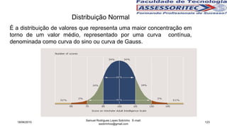 Distribuição Normal
É a distribuição de valores que representa uma maior concentração em
torno de um valor médio, representado por uma curva contínua,
denominada como curva do sino ou curva de Gauss.
18/06/2015
Samuel Rodrigues Lopes Sobrinho E-mail:
ssobrinhoo@gmail.com
123
 