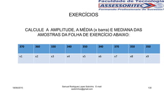 EXERCÍCIOS
CALCULE A AMPLITUDE, A MÉDIA (x barra) E MEDIANA DAS
AMOSTRAS DA FOLHA DE EXERCÍCIO ABAIXO:
18/06/2015
Samuel Rodrigues Lopes Sobrinho E-mail:
ssobrinhoo@gmail.com
130
370 360 330 340 350 340 370 350 350
x1 x2 x3 x4 x5 x6 x7 x8 x9
 