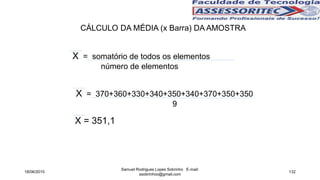 X = somatório de todos os elementos
número de elementos
X = 370+360+330+340+350+340+370+350+350
9
X = 351,1
CÁLCULO DA MÉDIA (x Barra) DA AMOSTRA
18/06/2015
Samuel Rodrigues Lopes Sobrinho E-mail:
ssobrinhoo@gmail.com
132
 