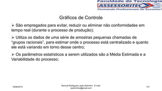 Gráficos de Controle
 São empregados para evitar, reduzir ou eliminar não conformidades em
tempo real (durante o processo de produção);
 Utiliza os dados de uma série de amostras pequenas chamadas de
“grupos racionais”, para estimar onde o processo está centralizado e quanto
ele está variando em torno desse centro;
 Os parâmetros estatísticos a serem utilizados são a Média Estimada e a
Variabilidade do processo;
18/06/2015
Samuel Rodrigues Lopes Sobrinho E-mail:
ssobrinhoo@gmail.com
137
 