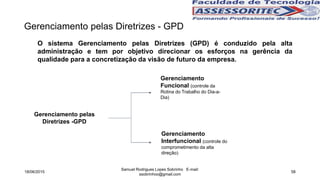 Gerenciamento pelas Diretrizes - GPD
Gerenciamento pelas
Diretrizes -GPD
Gerenciamento
Funcional (controle da
Rotina do Trabalho do Dia-a-
Dia)
Gerenciamento
Interfuncional (controle do
comprometimento da alta
direção)
O sistema Gerenciamento pelas Diretrizes (GPD) é conduzido pela alta
administração e tem por objetivo direcionar os esforços na gerência da
qualidade para a concretização da visão de futuro da empresa.
18/06/2015
Samuel Rodrigues Lopes Sobrinho E-mail:
ssobrinhoo@gmail.com
58
 