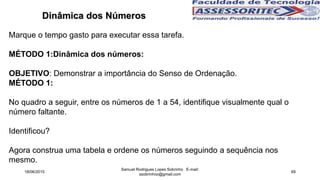 Dinâmica dos Números
Marque o tempo gasto para executar essa tarefa.
MÉTODO 1:Dinâmica dos números:
OBJETIVO: Demonstrar a importância do Senso de Ordenação.
MÉTODO 1:
No quadro a seguir, entre os números de 1 a 54, identifique visualmente qual o
número faltante.
Identificou?
Agora construa uma tabela e ordene os números seguindo a sequência nos
mesmo.
18/06/2015
Samuel Rodrigues Lopes Sobrinho E-mail:
ssobrinhoo@gmail.com
69
 