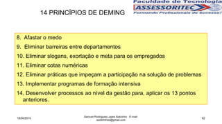 8. Afastar o medo
9. Eliminar barreiras entre departamentos
10. Eliminar slogans, exortação e meta para os empregados
11. Eliminar cotas numéricas
12. Eliminar práticas que impeçam a participação na solução de problemas
13. Implementar programas de formação intensiva
14. Desenvolver processos ao nível da gestão para, aplicar os 13 pontos
anteriores.
14 PRINCÍPIOS DE DEMING
18/06/2015
Samuel Rodrigues Lopes Sobrinho E-mail:
ssobrinhoo@gmail.com
82
 