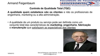 Armand Feigenbaum
Controle de Qualidade Total (TQC)
A qualidade quem estabelece são os clientes e não os profissionais de
engenharia, marketing ou a alta administração.
• A qualidade de um produto ou serviço pode ser definida como um
conjunto total das características de marketing, engenharia, fabricação
e manutenção que satisfazem as expectativas dos clientes
18/06/2015
Samuel Rodrigues Lopes Sobrinho E-mail:
ssobrinhoo@gmail.com
95
 