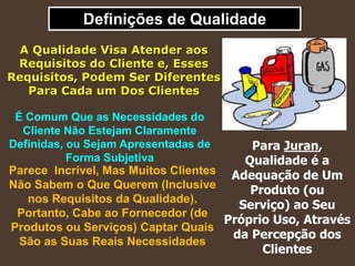 Definições de Qualidade
A Qualidade Visa Atender aos
Requisitos do Cliente e, Esses
Requisitos, Podem Ser Diferentes
Para Cada um Dos Clientes
Para Juran,
Qualidade é a
Adequação de Um
Produto (ou
Serviço) ao Seu
Próprio Uso, Através
da Percepção dos
Clientes
É Comum Que as Necessidades do
Cliente Não Estejam Claramente
Definidas, ou Sejam Apresentadas de
Forma Subjetiva
Parece Incrível, Mas Muitos Clientes
Não Sabem o Que Querem (Inclusive
nos Requisitos da Qualidade).
Portanto, Cabe ao Fornecedor (de
Produtos ou Serviços) Captar Quais
São as Suas Reais Necessidades
 