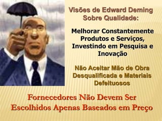 Visões de Edward Deming
Sobre Qualidade:
Melhorar Constantemente
Produtos e Serviços,
Investindo em Pesquisa e
Inovação
Não Aceitar Mão de Obra
Desqualificada e Materiais
Defeituosos
Fornecedores Não Devem Ser
Escolhidos Apenas Baseados em Preço
 
