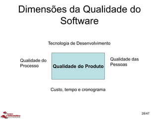 Dimensões da Qualidade do
Software
Qualidade do Produto
Tecnologia de Desenvolvimento
Custo, tempo e cronograma
Qualidade do
Processo
Qualidade das
Pessoas
28/47
 