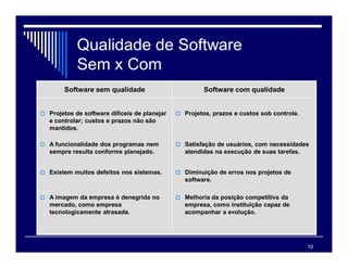 10
Qualidade de Software
Sem x Com
Software sem qualidade Software com qualidade
 Projetos de software difíceis de planejar
e controlar; custos e prazos não são
mantidos.
 A funcionalidade dos programas nem
sempre resulta conforme planejado.
 Existem muitos defeitos nos sistemas.
 A imagem da empresa é denegrida no
mercado, como empresa
tecnologicamente atrasada.
 Projetos, prazos e custos sob controle.
 Satisfação de usuários, com necessidades
atendidas na execução de suas tarefas.
 Diminuição de erros nos projetos de
software.
 Melhoria da posição competitiva da
empresa, como instituição capaz de
acompanhar a evolução.
 