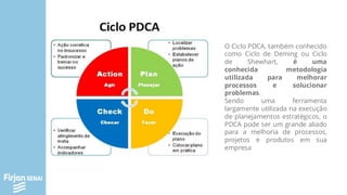 O Ciclo PDCA, também conhecido
como Ciclo de Deming ou Ciclo
de Shewhart, é uma
conhecida metodologia
utilizada para melhorar
processos e solucionar
problemas.
Sendo uma ferramenta
largamente utilizada na execução
de planejamentos estratégicos, o
PDCA pode ser um grande aliado
para a melhoria de processos,
projetos e produtos em sua
empresa
 