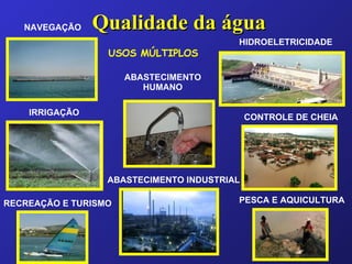 Qualidade da água USOS MÚLTIPLOS   NAVEGAÇÃO HIDROELETRICIDADE ABASTECIMENTO HUMANO ABASTECIMENTO INDUSTRIAL RECREAÇÃO E TURISMO PESCA E AQUICULTURA CONTROLE DE CHEIA IRRIGAÇÃO 