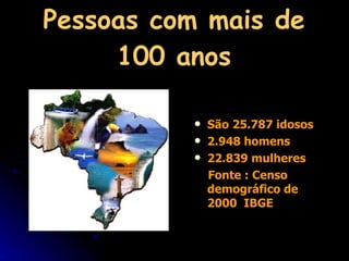 Pessoas com mais de 100 anos São 25.787 idosos 2.948 homens 22.839 mulheres Fonte : Censo demográfico de 2000  IBGE 