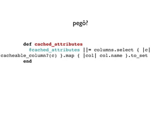       def cached_attributes
        @cached_attributes ||= columns.select { |c| cacheable_column?(c) }.map { |col| col.nam...