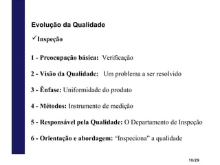 10/29
Evolução da Qualidade
1 - Preocupação básica: Verificação
2 - Visão da Qualidade: Um problema a ser resolvido
3 - Ênfase: Uniformidade do produto
4 - Métodos: Instrumento de medição
5 - Responsável pela Qualidade: O Departamento de Inspeção
6 - Orientação e abordagem: “Inspeciona” a qualidade
Inspeção
 