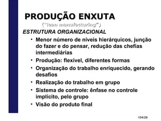 104/29
PRODUÇÃO ENXUTAPRODUÇÃO ENXUTA
(“lean manufacturing”)(“lean manufacturing”)
ESTRUTURA ORGANIZACIONAL
• Menor número de níveis hierárquicos, junção
do fazer e do pensar, redução das chefias
intermediárias
• Produção: flexível, diferentes formas
• Organização do trabalho enriquecido, gerando
desafios
• Realização do trabalho em grupo
• Sistema de controle: ênfase no controle
implícito, pelo grupo
• Visão do produto final
 