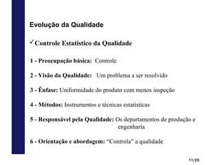 11/29
Evolução da Qualidade
1 - Preocupação básica: Controle
2 - Visão da Qualidade: Um problema a ser resolvido
3 - Ênfase: Uniformidade do produto com menos inspeção
4 - Métodos: Instrumentos e técnicas estatísticas
5 - Responsável pela Qualidade: Os departamentos de produção e
engenharia
6 - Orientação e abordagem: “Controla” a qualidade
Controle Estatístico da Qualidade
 