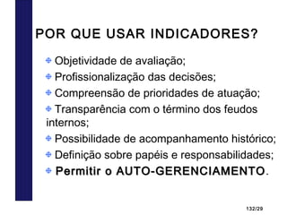 132/29
Indicadores de Desempenho
POR QUE USAR INDICADORES?
Objetividade de avaliação;
Profissionalização das decisões;
Compreensão de prioridades de atuação;
Transparência com o término dos feudos
internos;
Possibilidade de acompanhamento histórico;
Definição sobre papéis e responsabilidades;
Permitir o AUTO-GERENCIAMENTOPermitir o AUTO-GERENCIAMENTO.
 