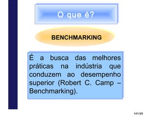 141/29
É a busca das melhores
práticas na indústria que
conduzem ao desempenho
superior (Robert C. Camp –
Benchmarking).
É a busca das melhores
práticas na indústria que
conduzem ao desempenho
superior (Robert C. Camp –
Benchmarking).
O que é?O que é?
BENCHMARKING
 