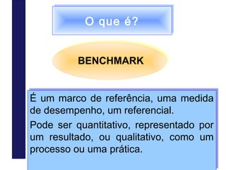 142/29
O que é?O que é?
É um marco de referência, uma medida
de desempenho, um referencial.
Pode ser quantitativo, representado por
um resultado, ou qualitativo, como um
processo ou uma prática.
É um marco de referência, uma medida
de desempenho, um referencial.
Pode ser quantitativo, representado por
um resultado, ou qualitativo, como um
processo ou uma prática.
BENCHMARK
 