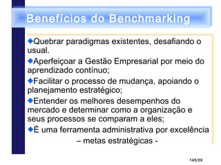 145/29
Benefícios do BenchmarkingBenefícios do Benchmarking
Quebrar paradigmas existentes, desafiando o
usual.
Aperfeiçoar a Gestão Empresarial por meio do
aprendizado contínuo;
Facilitar o processo de mudança, apoiando o
planejamento estratégico;
Entender os melhores desempenhos do
mercado e determinar como a organização e
seus processos se comparam a eles;
É uma ferramenta administrativa por excelência
– metas estratégicas -
Quebrar paradigmas existentes, desafiando o
usual.
Aperfeiçoar a Gestão Empresarial por meio do
aprendizado contínuo;
Facilitar o processo de mudança, apoiando o
planejamento estratégico;
Entender os melhores desempenhos do
mercado e determinar como a organização e
seus processos se comparam a eles;
É uma ferramenta administrativa por excelência
– metas estratégicas -
 