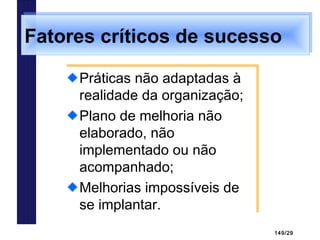149/29
Práticas não adaptadas à
realidade da organização;
Plano de melhoria não
elaborado, não
implementado ou não
acompanhado;
Melhorias impossíveis de
se implantar.
Práticas não adaptadas à
realidade da organização;
Plano de melhoria não
elaborado, não
implementado ou não
acompanhado;
Melhorias impossíveis de
se implantar.
Fatores críticos de sucessoFatores críticos de sucesso
 