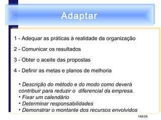 156/29
AdaptarAdaptar
1 - Adequar as práticas à realidade da organização
2 - Comunicar os resultados
3 - Obter o aceite das propostas
4 - Definir as metas e planos de melhoria
1 - Adequar as práticas à realidade da organização
2 - Comunicar os resultados
3 - Obter o aceite das propostas
4 - Definir as metas e planos de melhoria
• Descrição do método e do modo como deverá
contribuir para reduzir o diferencial da empresa.
• Fixar um calendário
• Determinar responsabilidades
• Demonstrar o montante dos recursos envolvidos
 