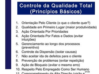 27/29
Controle da Qualidade Total
(Princípios Básicos)
1. Orientação Pelo Cliente (o que o cliente quer?)
2. Qualidade em Primeiro Lugar (maior produtividade)
3. Ação Orientada Por Prioridades
4. Ação Orientada Por Fatos e Dados (evitar
intuições)
5. Gerenciamento ao longo dos processos
(preventivo)
6. Controle da Dispersão (isolar causas)
7. Não aceitar ida de defeitos para o cliente
8. Prevenção de problemas (evitar repetição)
9. Ação de Bloqueio (evitar o mesmo erro)
10. Respeito Pelo Empregado Como Ser Humano
 