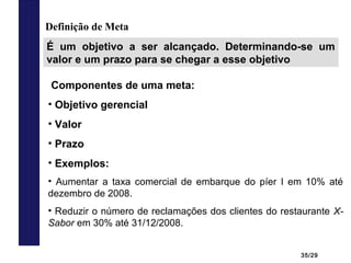 35/29
Definição de Meta
É um objetivo a ser alcançado. Determinando-se um
valor e um prazo para se chegar a esse objetivo
Componentes de uma meta:
• Objetivo gerencial
• Valor
• Prazo
• Exemplos:
• Aumentar a taxa comercial de embarque do píer I em 10% até
dezembro de 2008.
• Reduzir o número de reclamações dos clientes do restaurante X-
Sabor em 30% até 31/12/2008.
 