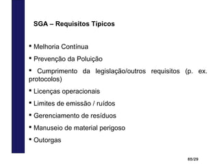 85/29
 Melhoria Contínua
 Prevenção da Poluição
 Cumprimento da legislação/outros requisitos (p. ex.
protocolos)
 Licenças operacionais
 Limites de emissão / ruídos
 Gerenciamento de resíduos
 Manuseio de material perigoso
 Outorgas
SGA – Requisitos Típicos
 