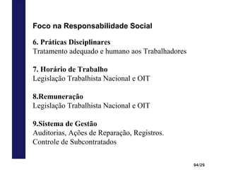 94/29
6. Práticas Disciplinares
Tratamento adequado e humano aos Trabalhadores
7. Horário de Trabalho
Legislação Trabalhista Nacional e OIT
8.Remuneração
Legislação Trabalhista Nacional e OIT
9.Sistema de Gestão
Auditorias, Ações de Reparação, Registros.
Controle de Subcontratados
Foco na Responsabilidade Social
 