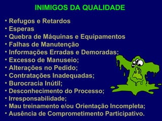 INIMIGOS DA QUALIDADE
• Refugos e Retardos
• Esperas
• Quebra de Máquinas e Equipamentos
• Falhas de Manutenção
• Informações Erradas e Demoradas;
• Excesso de Manuseio;
• Alterações no Pedido;
• Contratações Inadequadas;
• Burocracia Inútil;
• Desconhecimento do Processo;
• Irresponsabilidade;
• Mau treinamento e/ou Orientação Incompleta;
• Ausência de Comprometimento Participativo.
 