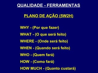 WHY - (Por que fazer)
WHAT - (O que será feito)
WHERE - (Onde será feito)
WHEN - (Quando será feito)
WHO - (Quem fará)
HOW - (Como fará)
HOW MUCH - (Quanto custará)
PLANO DE AÇÃO (5W2H)
QUALIDADE - FERRAMENTAS
 